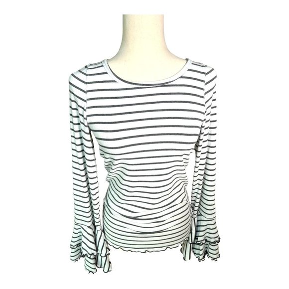 Free People Good Find Black and White Bell Sleeve Stripped Long Sleeve Top, L - Picture 6 of 9